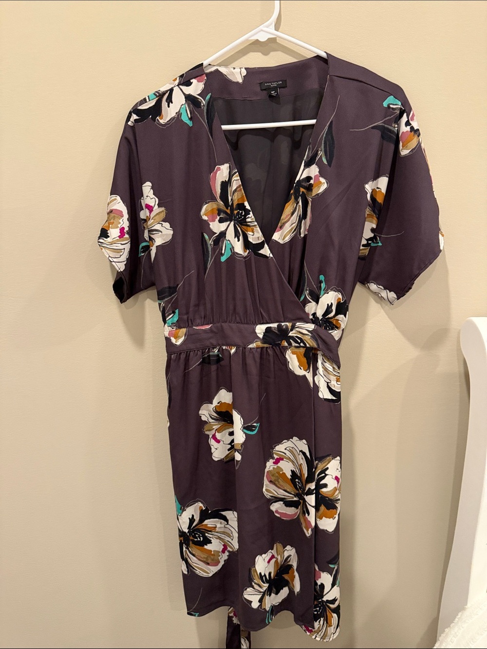 Ann Taylor Purple Floral Faux-Wrap Midi Dress with Cream, Teal and Gold Accents